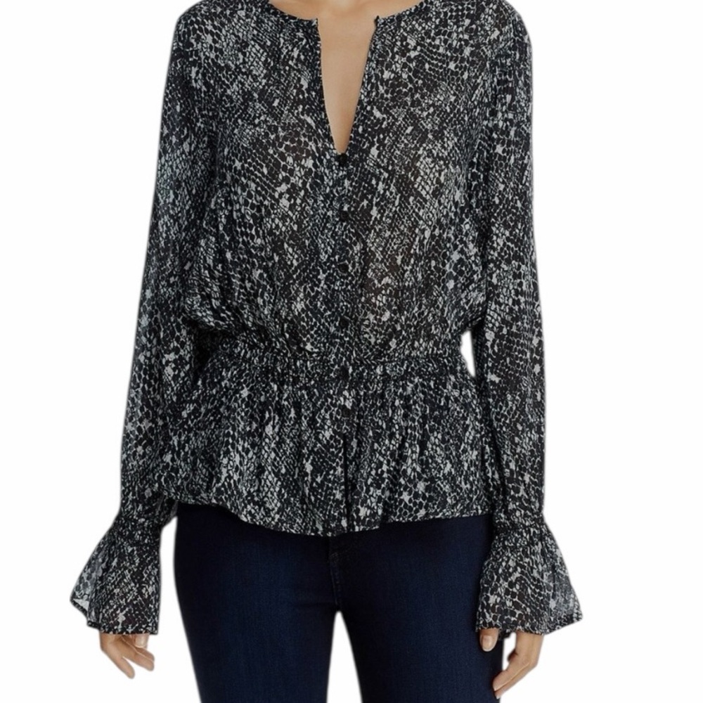 Bella Dahl Black/White/Grey with Multi Specks Printed Peplum Blouse XS